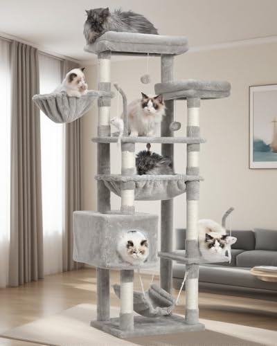 Gitelsnour Árbol para Gatos, Árbol rascador para Gatos con 2 Plataformas Grandes, 2 cestas, condominio y Juguetes, Postes de 160 cm,Gris Claro GCT020W