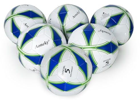 Aoneky Adult Size 5 Traditional Soccer Ball - Ships Deflated, Pump Included (6-Pack Deflated Ball with Pump - Blue and White)