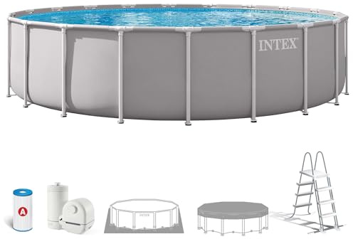 Intex - Piscina Desmontable, Gris, D610x132 cm, Capacidad para 32.695 litros, Escalera, Tapiz, Cobertor, Estructura metálica, Montaje 60 Minutos, Conexiones Ø38 mm (56087)