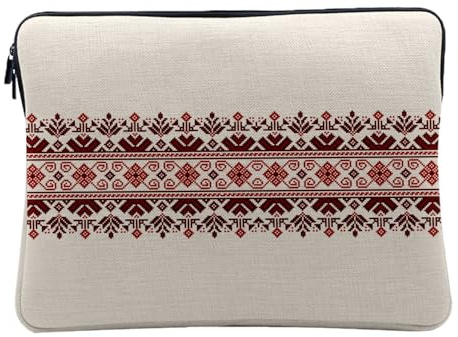 Housse Ordinateur et Tablette Aspect Lin - Motif Rouge Style Broderie Pixel Aztec Abstrait Tribal - 10 Pouces Pochette de Protection PC Portable Imprimé en France