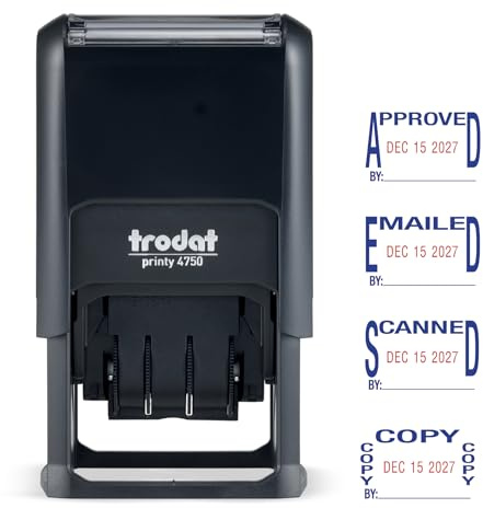 Trodat Printy 4750 Self Inking Date Stamp with Approved, Copy, EMAILED, Scanned – Blue and Red Ink, 1 x 1-5/8
