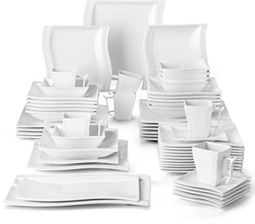 MALACASA 56-Piece Porcelain Square Dinner Sets for 12, Ivory White | Wave Shape Dinnerware Set Includes Dinner Plates, Soup Plates, Dessert Plates, Cups and Saucers, Dishwasher & Microwave Safe