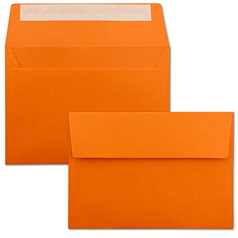 50x Briefumschläge Orange DIN C6 Format 11,4 x 16,2 cm - Haftklebung - Kuverts ohne Fenster - Weihnachten, Grußkarten & Einladungen - Für A6 & A4 Papier