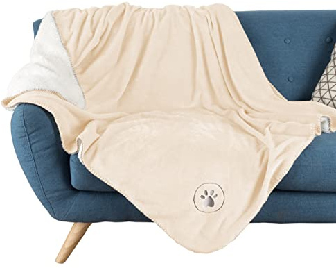 Waterproof Pet Blanket - 50x60-Inch Reversible Sherpa Fleece Throw Protects Couches, Cars, and Beds from Spills, Stains, and Fur by PETMAKER (Cream)