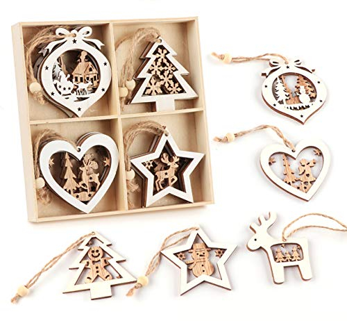 Sweelov Pack of 15 Wooden Pendants Snowflakes Tree Decoration White Wooden Christmas Pendant Hanging Ornaments Christmas Pendant Vintage Decoration