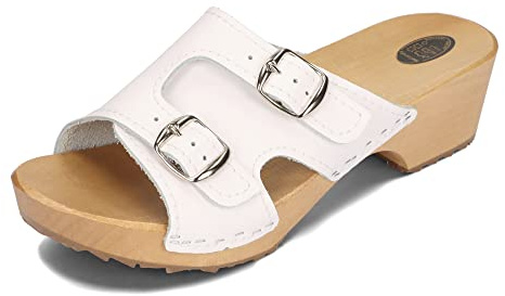 BeComfy Träpantoletter för kvinnor träskor med häl träskor sandalett läder trä sula trädgårdsträträträskor pantolett svart & vit 36–41 EU, Vit - Vit - 40 EU