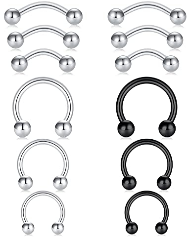 LAURITAMI 12stk 16G Augenbrauen Piercing Hufeisen Circular Barbell Curved Bananen Bar Chirurgenstahl Helix Tragus Rook Ohrstecker Lippe Nase Ring 6/8/10mm