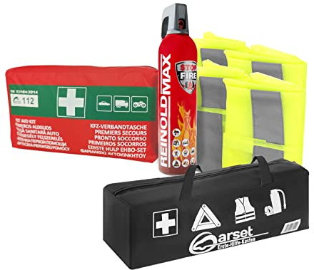 notlok Safety Work 5in1 Car Emergency Set | Kit di pronto soccorso per auto DIN13164 + 750ml spray estinguente + 2x gilet ad alta visibilità per auto + borsa in nylon
