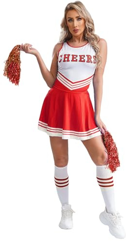 CHICTRY Déguisement Pom-pom Girl pour Femme avec 2 Pompons Robe Cheerleading Uniforme de Pompom Girl Scolaire Dansewear S-XL Rouge XL