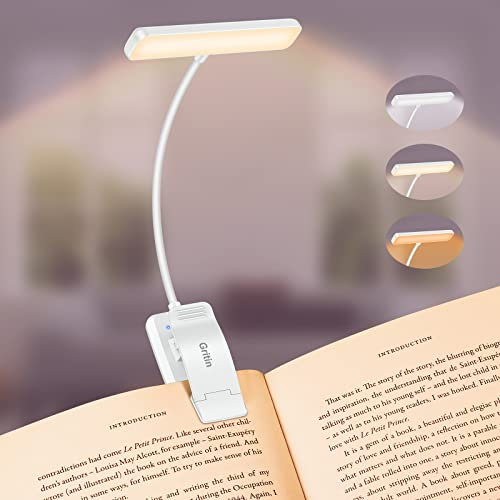 Gritin Leselampe Buch Klemme, USB Wiederaufladbare Buchlampe mit 19 LEDs, 3 Farbtemperatur Modi, Lange Laufzeit, Stufenlose Helligkeit Klemmlampe,360°Flexibel Klemmleuchte für Nachtlesen ins Bett-Weiß