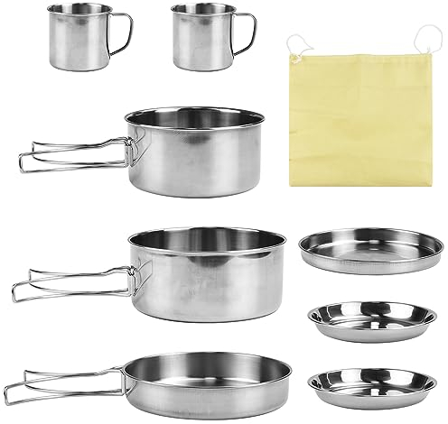Kleemeiero Edelstahl Kochgeschirr Camping Topf Pfanne Set 8-teiligtes Camping Kochtopf Set Edelstahl Faltbar und Stapelbar Outdoor Kochset Campinggeschirr Pot Plate für Picknick Backpacking Wandern