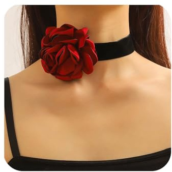 Yienate Gargantilla Terciopelo Negro Collar Flores Rosa Collar Encaje Rojo Floral Gargantilla Gótica Gran Flor Novia Collar Novia Collar Dama Honor Joyería Cosplay Collar Corbata Regalos Para Mujeres