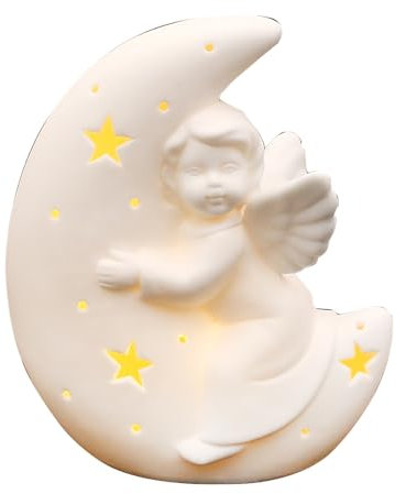 Dekohelden24 Porcelana LED Luna con Figura de ángel en Blanco, 10,8 x 6,2 x 12,7 cm.