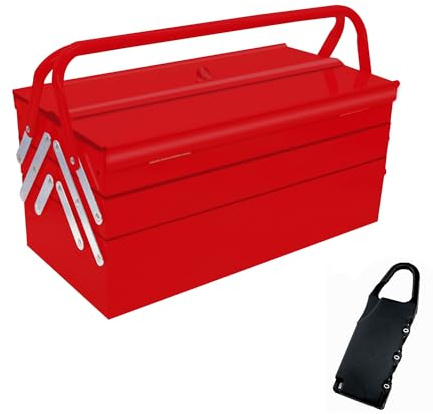 MANUFORE Grande Boîte à Outils Rouge Vide en Métal 41,5 cm (16 pouces), Caisse à Outils Portable de Rangement en Porte-à-faux à 3 Niveaux et 5 Plateaux, Boîte à outils Pliable Professionnel