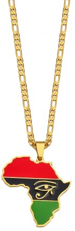 Collier avec pendentif en forme de carte de l'Afrique et œil d'Égypte Ankh Gye Nyame Symboles culturels traditionnels africains, 60cm Thin Chain, Plaqué or