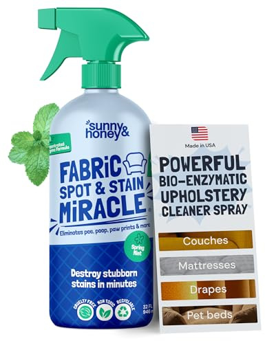 Sunny & Honey Fabric Cleaner Spray - Enzymatic Upholstery Cleaner for Furniture, Couches, Chairs and Sofas - 32 fl oz Stain Remover - No Scrubbing or Machines Needed (Mint Scent)