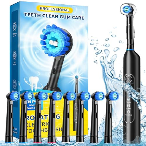 Rotating Electric Toothbrush for Adults with 8 Brush Heads, Sensitive Gum Care Electric Toothbrush with 3 Modes and 2 Min Smart Timer, Rechargeable Last 45 Days (Black, Rotating)