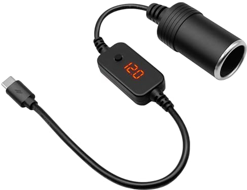 Hoembpn USB C Stecker auf 12V Auto Zigarettenanzünder Buchse Adapter Kabel Konverter mit Voltmeter Anzeige, Einstellbare Spannung 5V/9V/12V, Geeignet für Auto Ladegerät, GPS, Dashcam