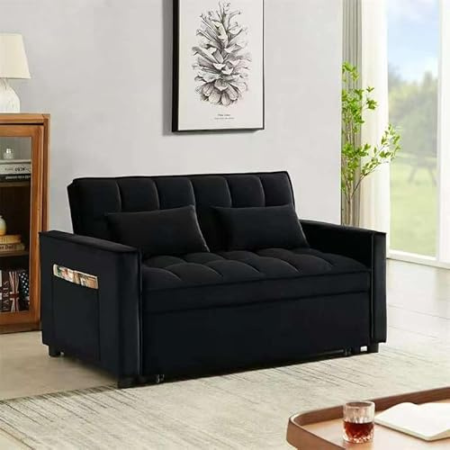 SQUAREBOXX 2 Seater Pull Out Sofa Bed in Velvet Fabric, Adjustable Click Clack Mechanism, For Living Rooms, Guest Rooms, Home Office. (Black)