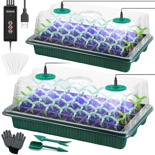 New Zimmergewächshaus Anzuchtkasten 2 Stück 80 Mini Gewächshaus Anzucht Set mit Pflanzenlampe Anzuchtplatte mit Timing-Controller einstellbare Helligkeit Gewächshaus Anzucht für Sämling Pflanze Grün