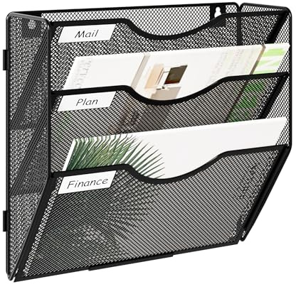 JEBELE 3 Tier Hanging Wall File Holder Self Assembly Mounted Document Mail Rack Magazine Storage A4 Paper Organiser for Office Home,Metal,Black