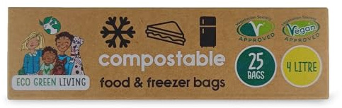 Eco Green Living 4 Litre Food & Freezer Bags, Compostable Tie Top Food Storage Bags for Fridge And Freezer, Plastic Free, 24cm x 40cm - 25 Bags