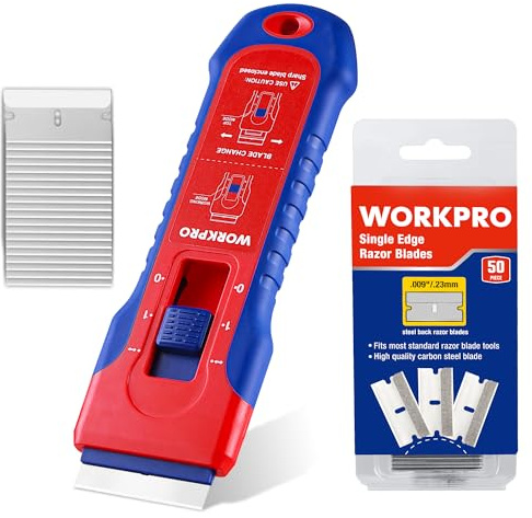 WORKPRO Retractable Razor Blade Scraper with 56 Blades, Built-in Storage Cleaning Scraper Tool for Paint Stickers Adhesive Glass Ceramic Wood
