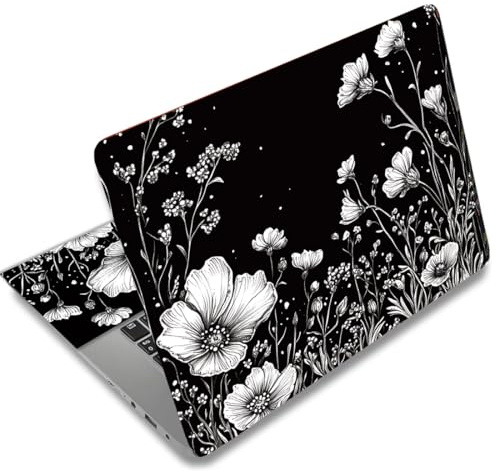 SUPERDANT Autocollant Ordinateur Portable Motif Fleur Noir et Blanc Protection Universelle et Compatible avec Les Modèles de Autocollant PC Portable 12-15.6 Pouce