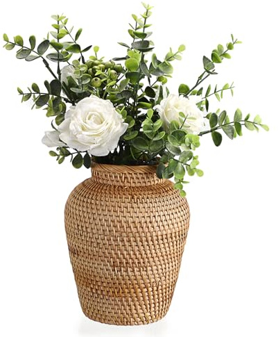 IGNPION Farmhouse Rattan Woven Vases, Decorative Aesthetic Flower Vase in 18cm High, Boho Pampas Grass Holder for Artificial Flowers, Fake Green Foliage, Dried Flower Arrangement