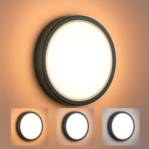 Aplique de Pared, Plafón Techo, Exterior, 18W, 1800Lm, IP65 Impermeable, Lampara Circular Moderna, Luz Seleccionable 3000K 4000K 6000K, ideal para jadin, terraza, porche, garaje o patio (1, LUND)