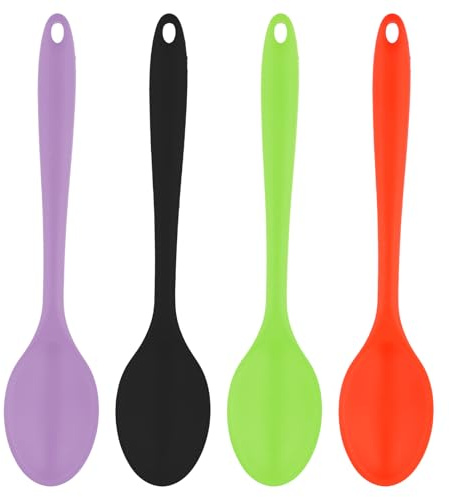 4 Stück Silikon Kochlöffel – 27 cm Rührlöffel langem Griff, Antihaft Silikonlöffel für Küche, Kochen, Backen und Rühren, Servierlöffel aus Silikon, BPA-frei und hitzebeständig