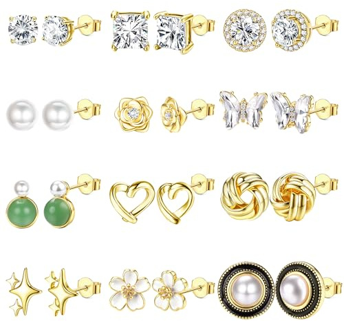 Adramata 12 Pairs Silver Earrings Set for Women 14K Gold plated Stud Earrings Girls Pearl Studs Sparklrd Crystal Zirconia Hypoallergenic Earring Vintage Jewellery Set