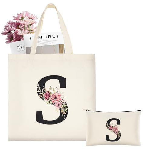 ABOHU Borsa Iniziale Personalizzata, Borsa Tote in Tela con Iniziali, borsa Shopper Donna Tote Bag Shopper Cotone, Cosmetica per Sposa Damigella, Borse in tessuto Donna, Mamma, Amica, Regali (S)