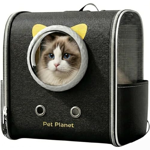 Katzenrucksack mit Fenster bis 10kg, Haustier Rucksack für Katzen Hunde, Belüftet & Ergonomisch mit Rückenstütze Komfortable Transporttasche für Reisen, Radfahren, Tierarzt, Flugzeug & Auto, Schwarz