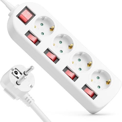 deleyCON Multipresa 4 Vie - Interruttore ON/OFF - Attivazione Singola - Cavo 1,4m - 4x Prese Presa Multipla Distribuzione Estensione Barra Alimentazione Casa Ufficio 3680W 16A - Bianco
