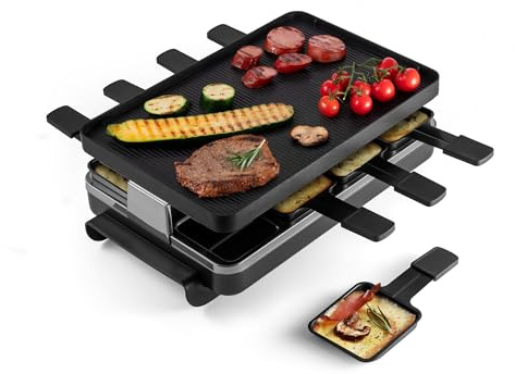 Swissmar Classic 8-Person Raclette Party Grill with Reversible Cast Aluminum Non-Stick Grill Plate/Crepe Top, Indoor Electric Raclette Grill & Griller - Black Grill Plate - Black