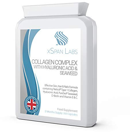Collagen Complex with Hyaluronic Acid & Seaweed - 60 Capsules - Skin, Hair & Nails Formula with Added D-Biotin, Vitamin E & C - Highly Bioavailable Naticol® Hydrolysed Marine Collagen 500mg
