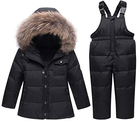 amropi Tuta da Sci per Bambino Unisex Tute Completo da Neve 2 Pezzi Invernale Giacca con Cappuccio e Pantaloni Nero-1,3-4 Anni