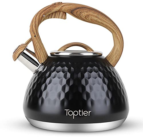 Tea Kettle, Toptier Teapot Whistling Kettle with Wood Pattern Handle Loud Whistle, Food Grade Stainless Steel Tea Pot for Stovetops Induction Diamond Design Water Kettle, 2.7-Quart Black