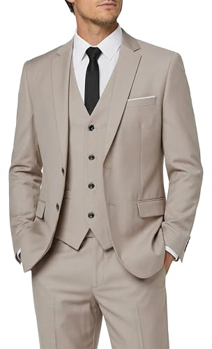 Hihawk Men's 3 Piece Suit with Tie, 2 Button Slim Fit Solid Blazer Jacket Vest Pants, Business Wedding Party Suits for Men, Beige Large
