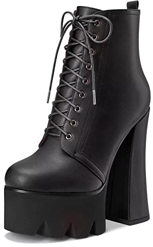 HDEUOLM Femmes Bloc Chunky Haut High Plate-forme Talon Heel Rond Bout Bottines Lacets Fermeture à Glissière Classique Chaussures Noir 40 EU