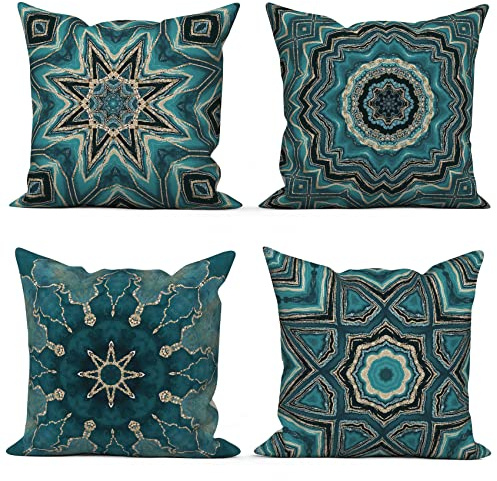 ASDCXZ Boho-kuddfodral, 45 x 45 cm, set om 4, geometriskt mönster, blå, guld, dekorativ kudde, soffa, prydnadskudde, tvättbar, polyester, lin, textil, utomhus, stoppning, 45 x 45 cm