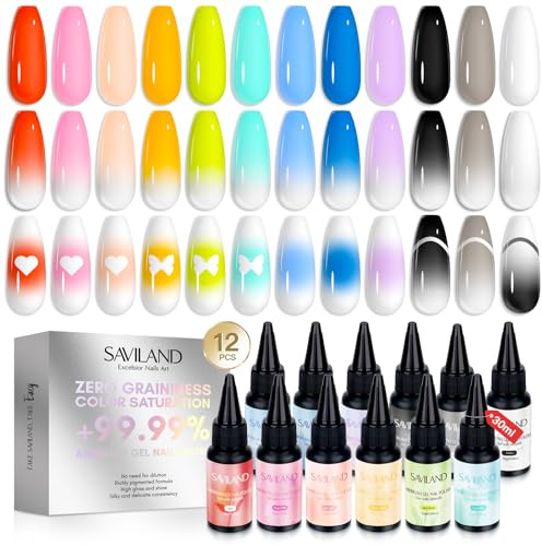 SAVILAND Airbrush Gel Nagellacksset: 12 Färger, 30 Ml, Coola och Varma Färger, Airbrush-Schabloner, Gellack för Franska Nagelkonst, Manikyr, Gördet-Själv-Salgsgåva och Fest