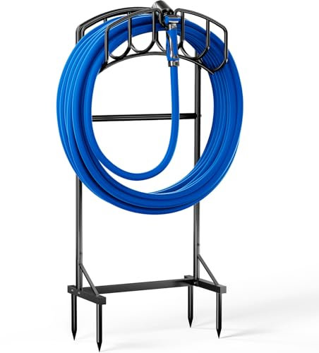 Mutool Support de tuyau d'arrosage autoportant de 110 cm, support de tuyau d'arrosage amovible en métal, support de tuyau d'arrosage robuste avec panier de rangement, noir