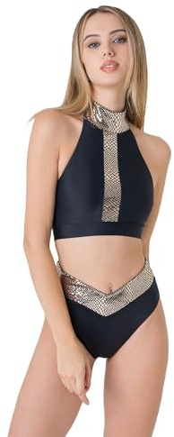 Invertika Ensemble Complet Haut - Slip Femme, Tenue de Sport Intime pour Pole Dance, Vêtements de Sport pour l'Entraînement Fitness, Gymnastique, Yoga Fabriqué en Italie. (Noir et or., L)
