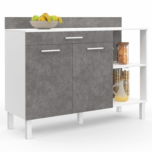 IDMarket - Aparador bajo de cocina CINA 120 cm encimera H.83 cm, 2 puertas + cajón blanco y efecto hormigón