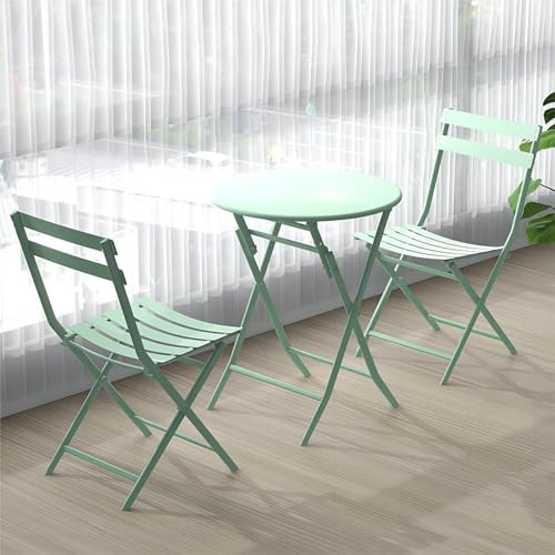 Juego de bistró de jardín de 3 piezas con mesa plegable y sillas, mesa plegable de acero para patio, balcón, barbacoa, invernadero (verde)