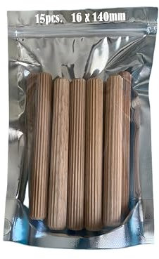15 pcs Tacos de madera de haya, 16 x 140 mm, varillas de haya, ranuras de madera, pernos de madera dura, perno ranurado, clavijas de madera para proyectos de artesanía de muebles y bricolaje