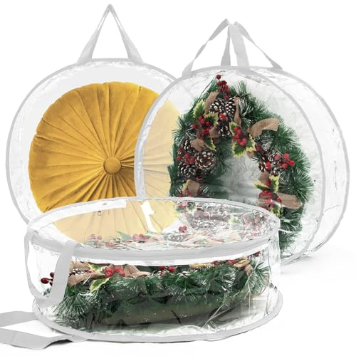 Paquete de 2 contenedores de almacenamiento transparentes para corona de Navidad, bolsa de almacenamiento de corona de Navidad, contenedor de guirnalda de Navidad con cremalleras dobles y asas