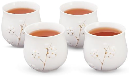 DUJUST Juego de 4 Tazas de Té Japonesas, Taza de Té China de Porcelana Blanca, Lindo Regalo de Taza de Té para Adultos, Amantes del Té/Mujeres/Hombres (Ciruela en Dorado)